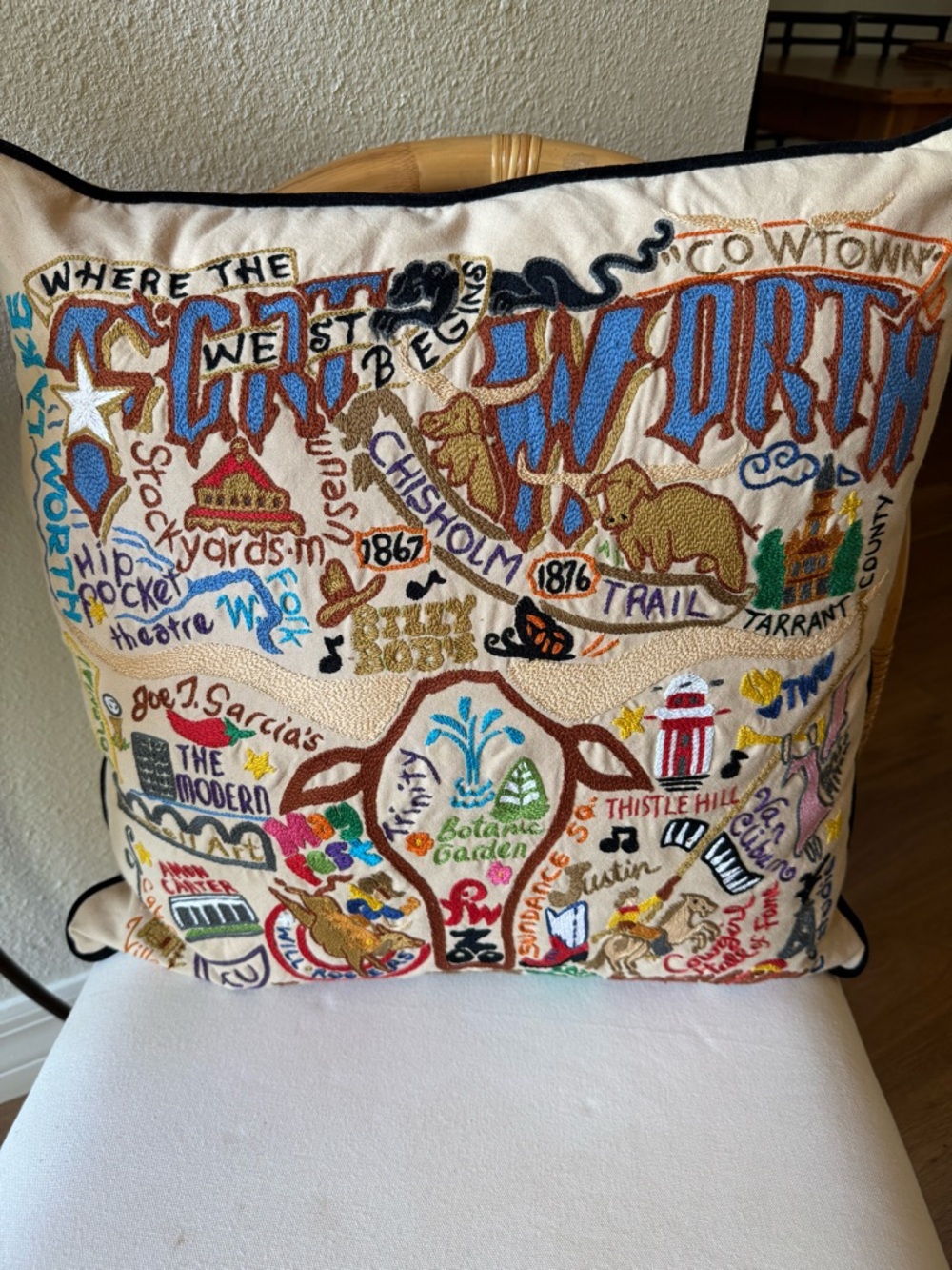 Cat Studio Hand Embroidered Multicolor Fort Worth Map Accent Pillow NWT!